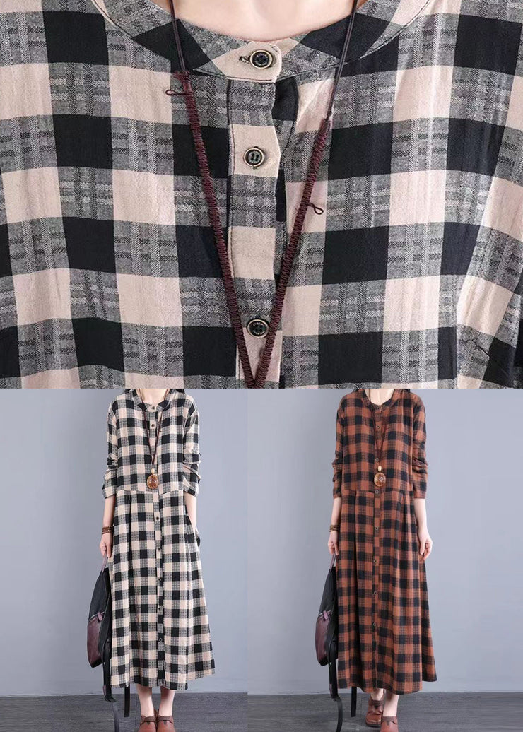 Women Black Plaid Stand Collar Patchwork Cotton Long Dresses Fall