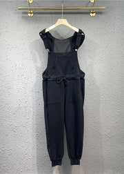 Women Black Pockets Drawstring Patchwork Cotton Overalls Jumpsuit Fall