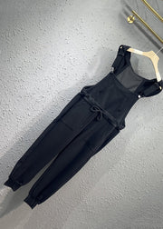 Women Black Pockets Drawstring Patchwork Cotton Overalls Jumpsuit Fall