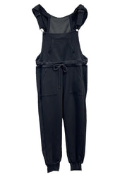 Women Black Pockets Drawstring Patchwork Cotton Overalls Jumpsuit Fall