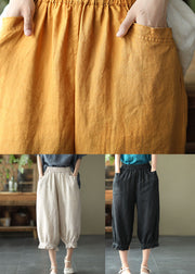 Women Black Pockets Elastic Waist Linen Crop Pants Summer