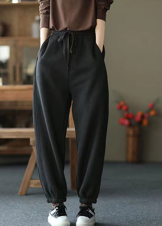 Women Black Pockets Elastic Waist Warm Fleece Pants Spring