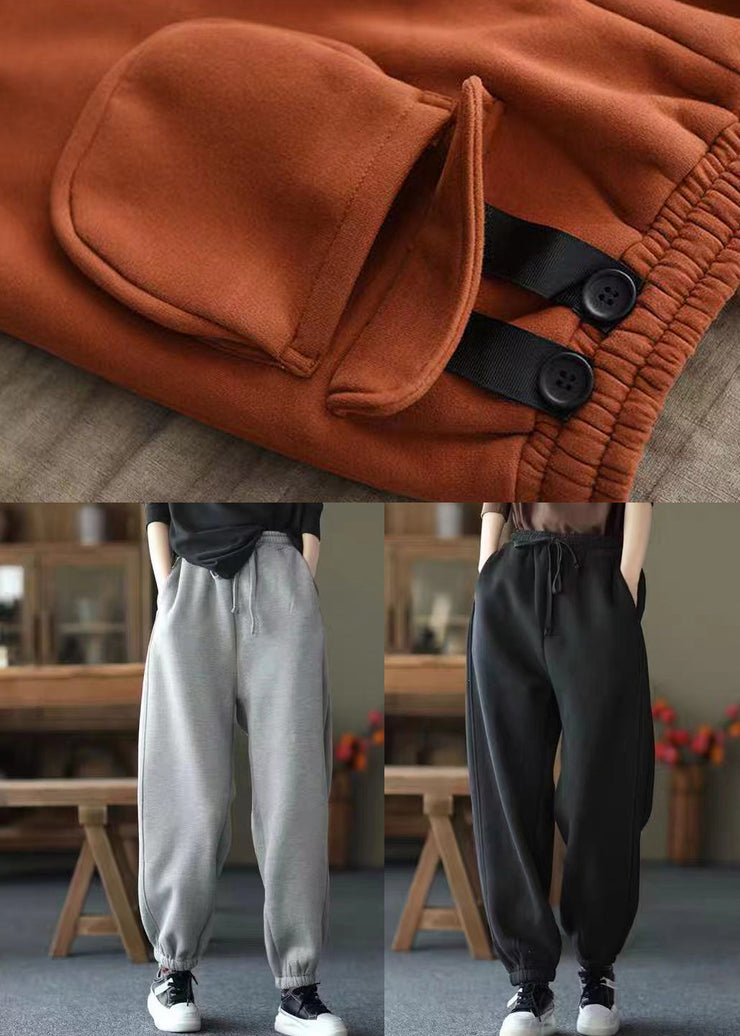 Women Black Pockets Elastic Waist Warm Fleece Pants Spring