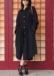 Women Black Pockets Tie Waist Cotton Shirt Dress Long Sleeve