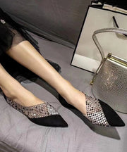 Women Black Pointed Toe Tulle Zircon Flat Shoes For