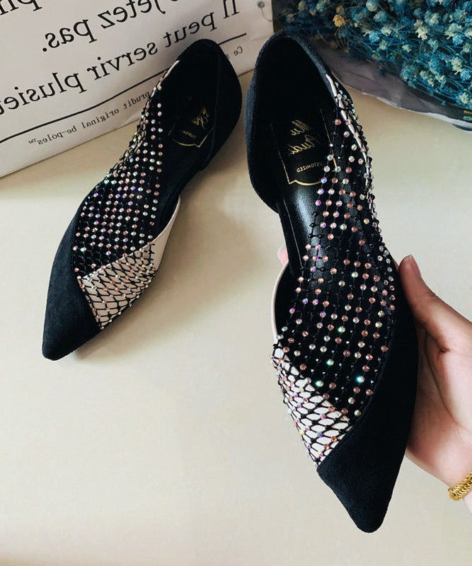 Women Black Pointed Toe Tulle Zircon Flat Shoes For