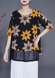 Women Black Print Patchwork Chiffon Fake Two Piece Shirt Tops Summer