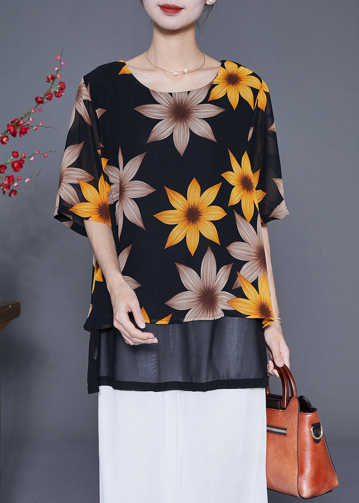 Women Black Print Patchwork Chiffon Fake Two Piece Shirt Tops Summer