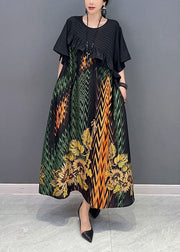 Women Black Print Patchwork Ruffled Silk Dress Summer