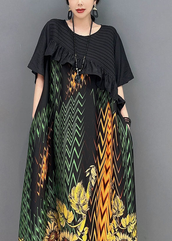 Women Black Print Patchwork Ruffled Silk Dress Summer