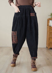 Women Black Print Patchwork Thick Corduroy Fleece Pants Winter