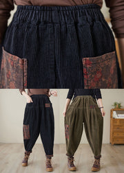 Women Black Print Patchwork Thick Corduroy Fleece Pants Winter