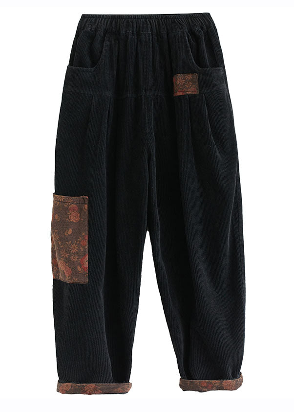 Women Black Print Patchwork Thick Corduroy Fleece Pants Winter