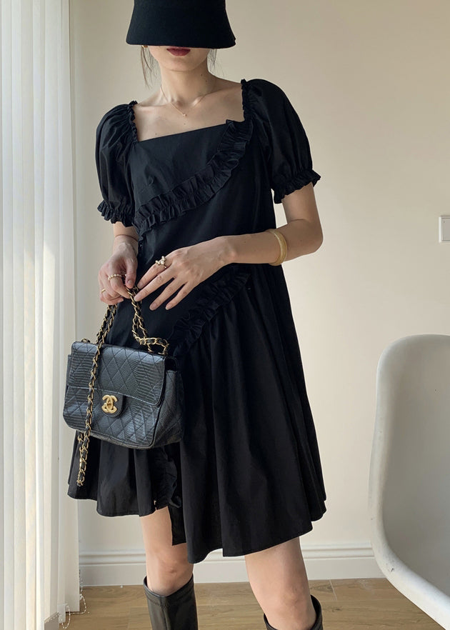 Women Black Ruffled Asymmetrical Patchwork Cotton Dresses Puff Sleeve