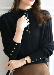 Women Black Ruffled Button Patchwork Knit Sweaters Long Sleeve