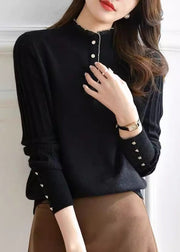 Women Black Ruffled Button Patchwork Knit Sweaters Long Sleeve