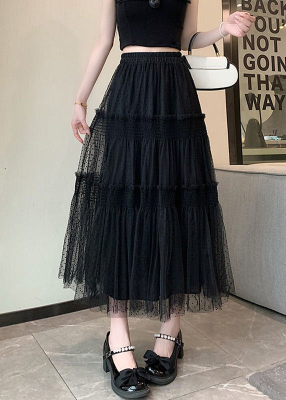 Women Black Ruffled Patchwork Elastic Waist Tulle Skirt Summer