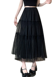 Women Black Ruffled Patchwork Elastic Waist Tulle Skirt Summer