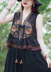 Women Black Ruffled Tasseled Patchwork Silk Waistcoat Sleeveless