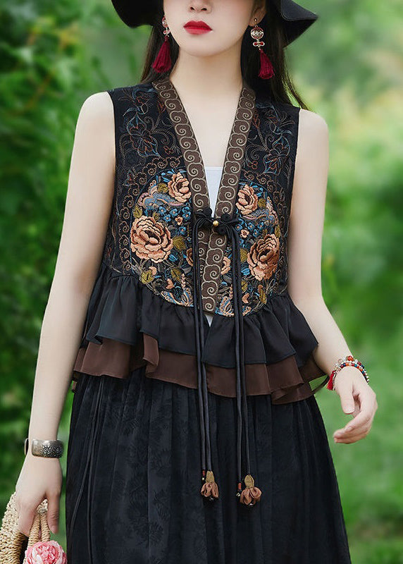 Women Black Ruffled Tasseled Patchwork Silk Waistcoat Sleeveless