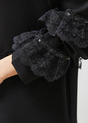 Women Black Ruffles Patchwork Cotton Sweatshirts Dress Spring