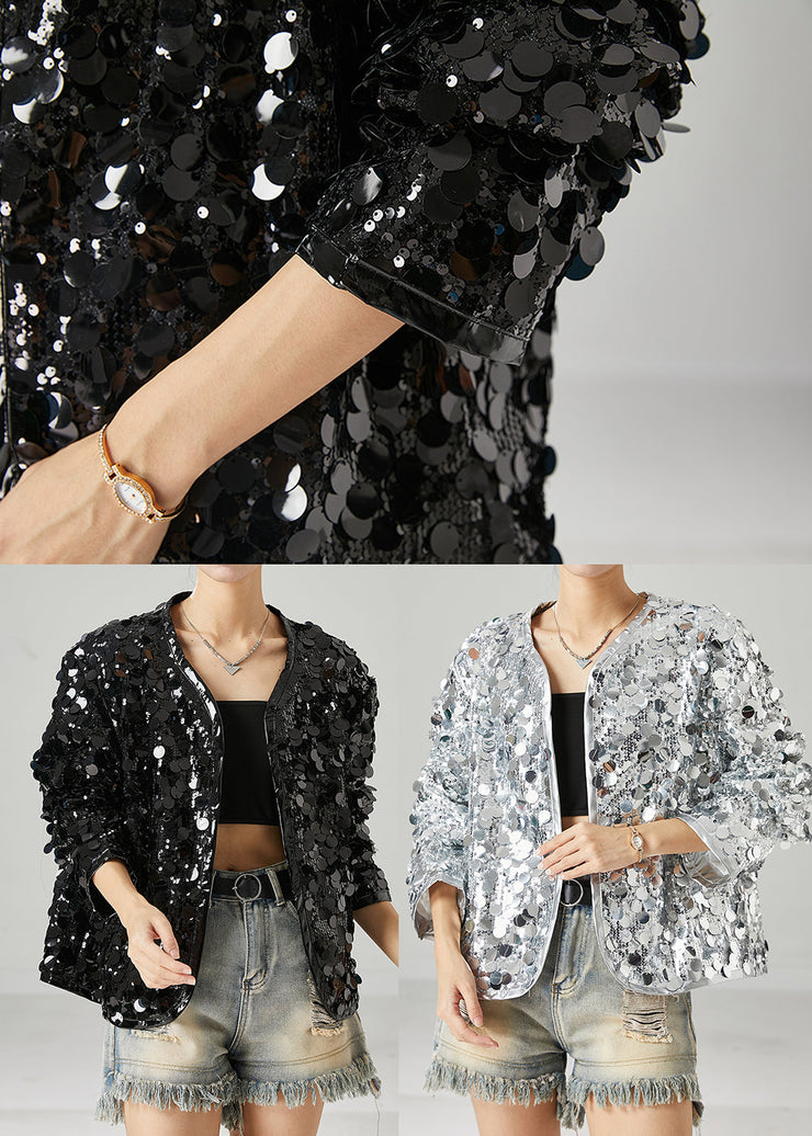 Women Black Sequins Oversized Coat Spring