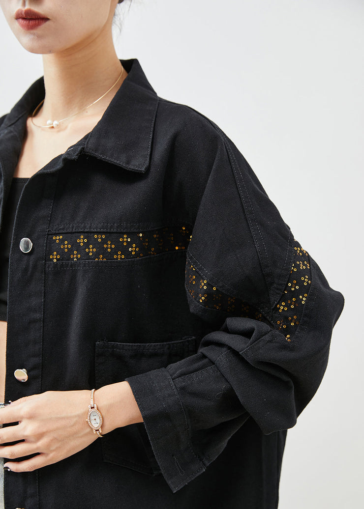 Women Black Sequins Patchwork Denim Coats Fall