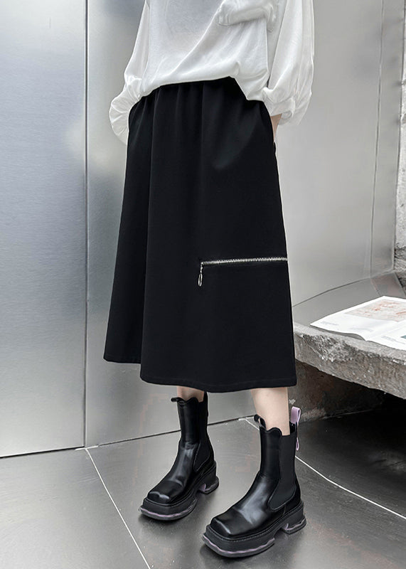 Women Black Side Open High Waist Patchwork Cotton A Line Skirts Fall