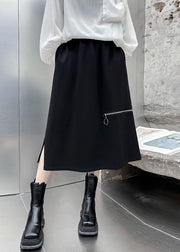 Women Black Side Open High Waist Patchwork Cotton A Line Skirts Fall