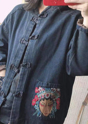 Women Black Stand Collar Embroideried Button Pockets Cotton Denim Coats Long Sleeve