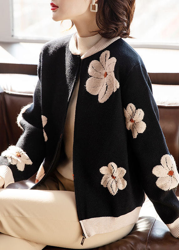 Women Black Stand Collar Embroideried Floral Woolen Coats Long Sleeve