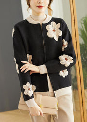 Women Black Stand Collar Embroideried Floral Woolen Coats Long Sleeve