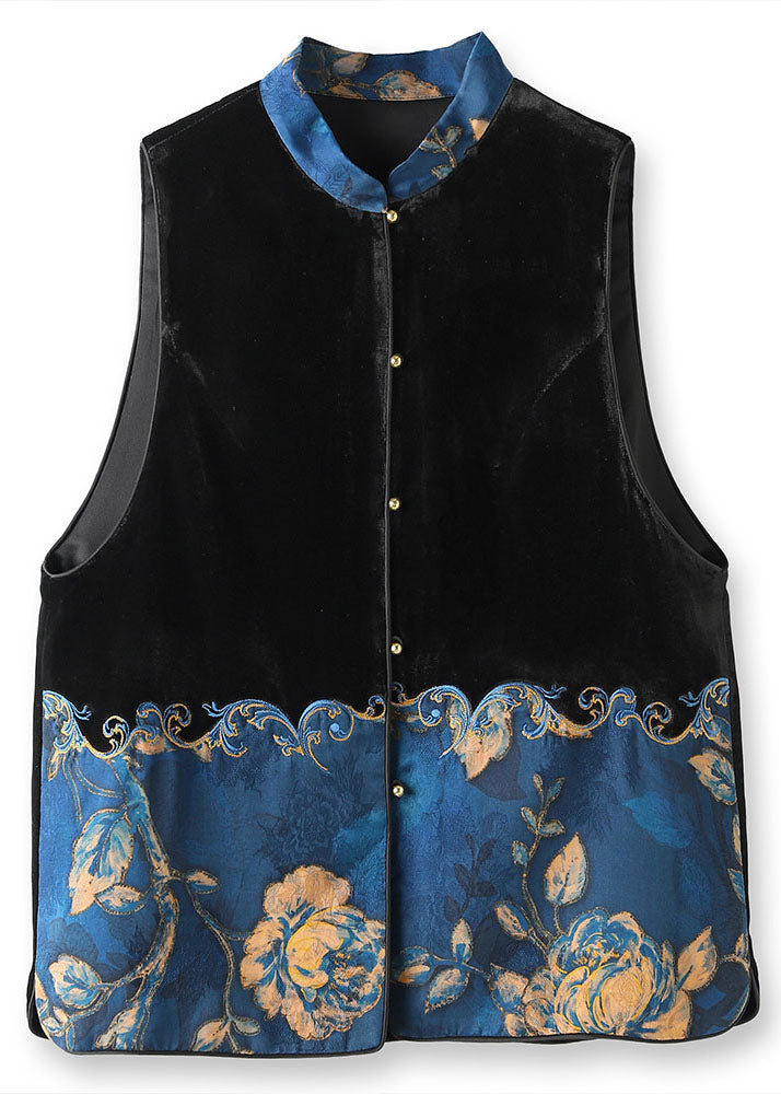 Women Black Stand Collar Embroideried Patchwork Silk Velour Waistcoat Sleeveless