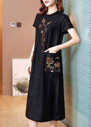 Women Black Stand Collar Embroideried Pockets Silk Dresses Summer