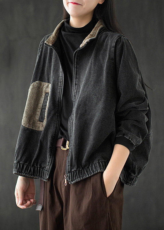 Women Black Stand Collar Patchwork Denim Coats Long Sleeve