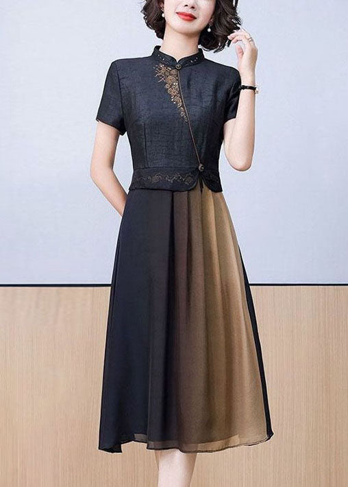 Women Black Stand Collar Patchwork Embroideried Silk Dress Summer