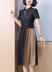 Women Black Stand Collar Patchwork Embroideried Silk Dress Summer