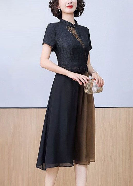 Women Black Stand Collar Patchwork Embroideried Silk Dress Summer