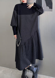 Women Black Stand Collar Patchwork Knit A Line Long Dresses Winter