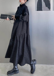 Women Black Stand Collar Patchwork Knit A Line Long Dresses Winter