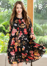 Women Black Stand Collar Patchwork Print Chiffon Pleated Dresses Spring