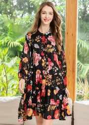 Women Black Stand Collar Patchwork Print Chiffon Pleated Dresses Spring