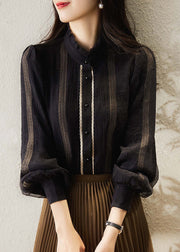 Women Black Stand Collar Striped Patchwork Chiffon Shirts Long Sleeve