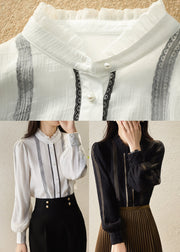 Women Black Stand Collar Striped Patchwork Chiffon Shirts Long Sleeve