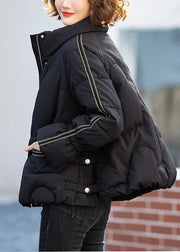 Women Black Stand Collar Zippered Duck Down Down Jacket Winter