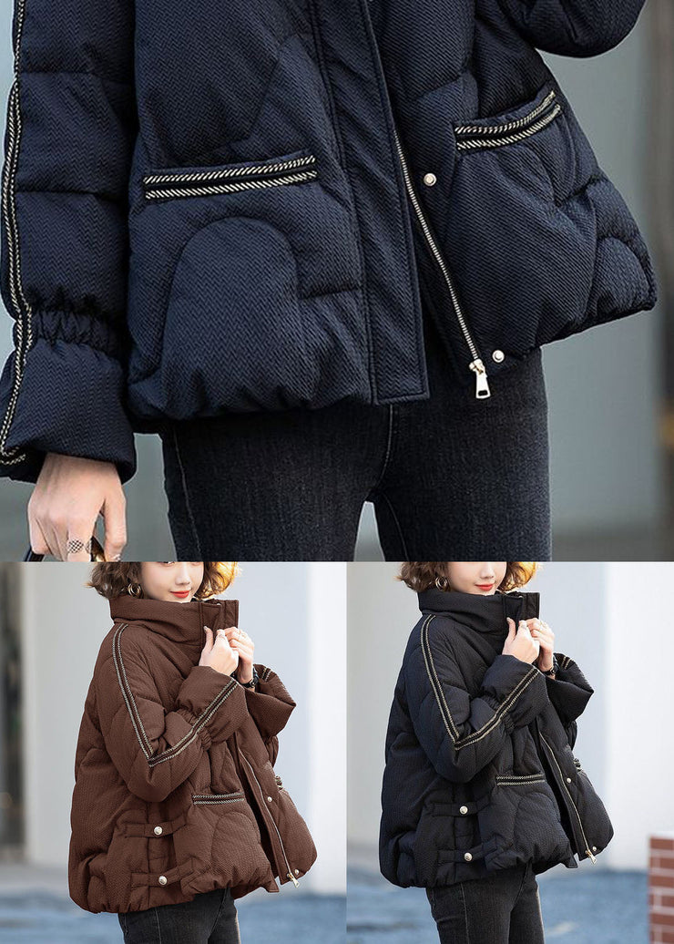 Women Black Stand Collar Zippered Duck Down Down Jacket Winter