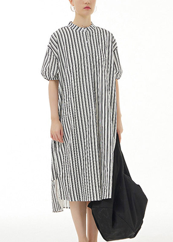 Women Black Striped Side Open Cotton Vacation Long Shirt Dresses Summer