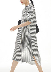 Women Black Striped Side Open Cotton Vacation Long Shirt Dresses Summer