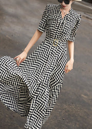 Women Black Striped Tie Waist Chiffon Dresses Summer