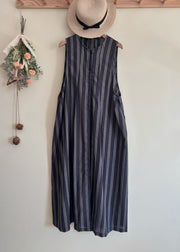 Women Black Striped Tie Waist Long Vest Dress Summer